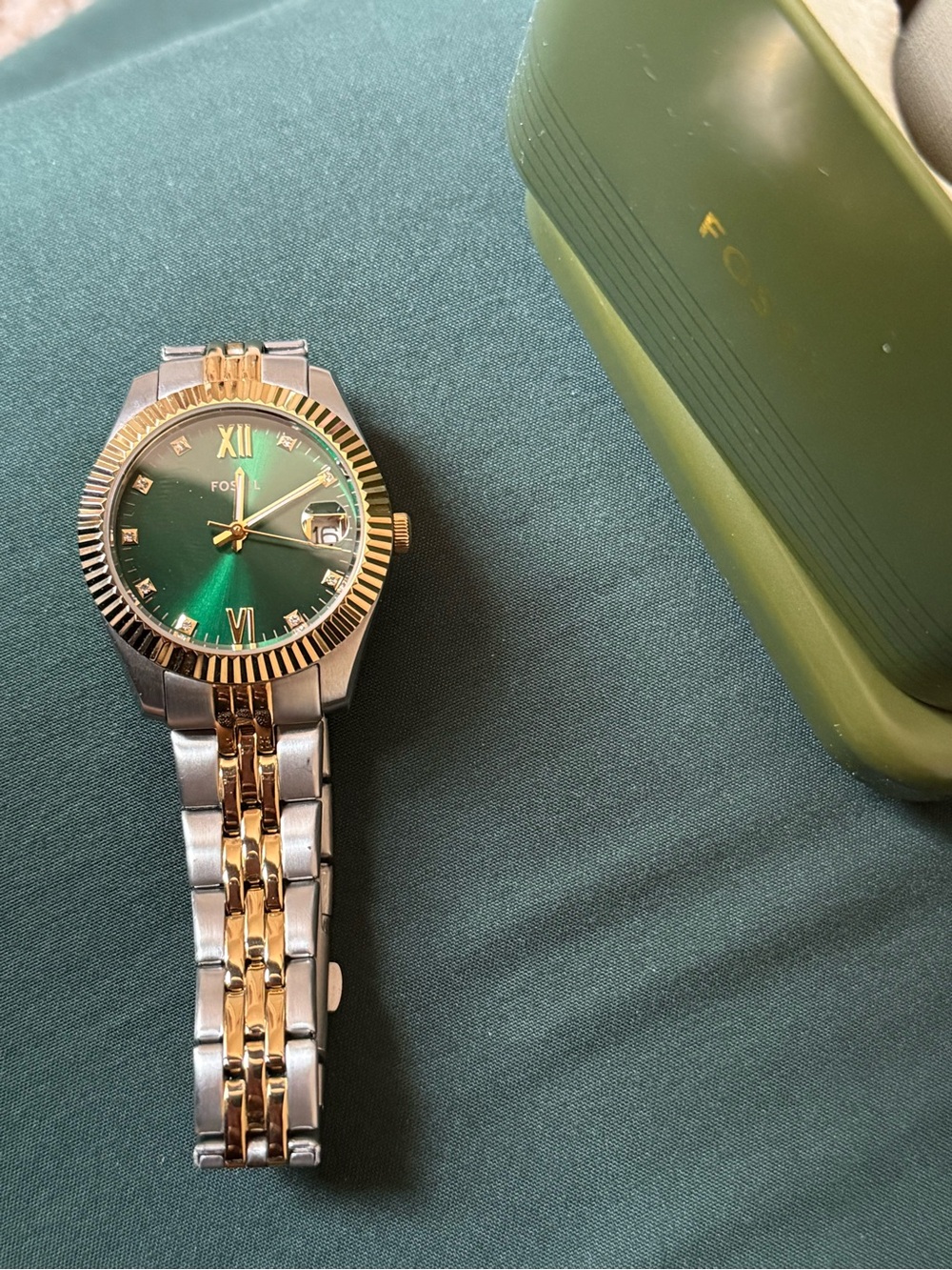 Fossil Gold and Silver Bracelet Watch with Green Dial